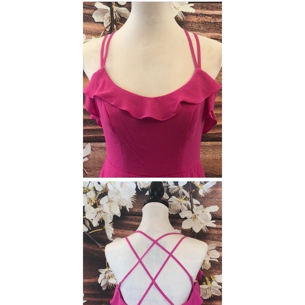 B DARLIN Hot Pink Strappy Back Ruffle Hem Mini Dress Women's Size 13/14 NWT